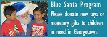 image: Blue Santa. Donate money or new toys to children in need in Georgetown