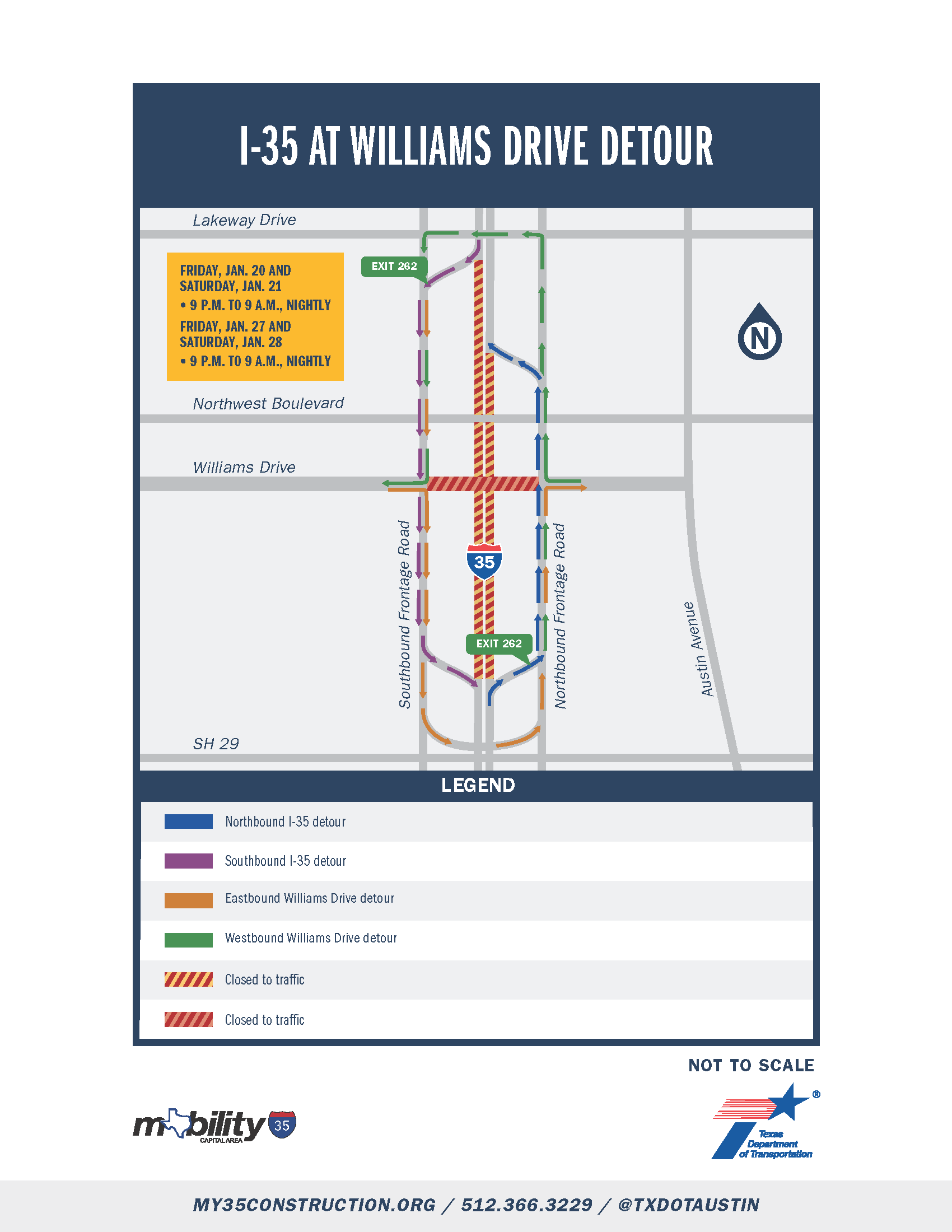 Graphic showing closure at Williams Drive and detour on I-35 access roads. I-35 traffic will be directed to the frontage road as the mainlanes are closed overnight on Jan. 20, Jan. 21, Jan. 27, and Jan. 28. 