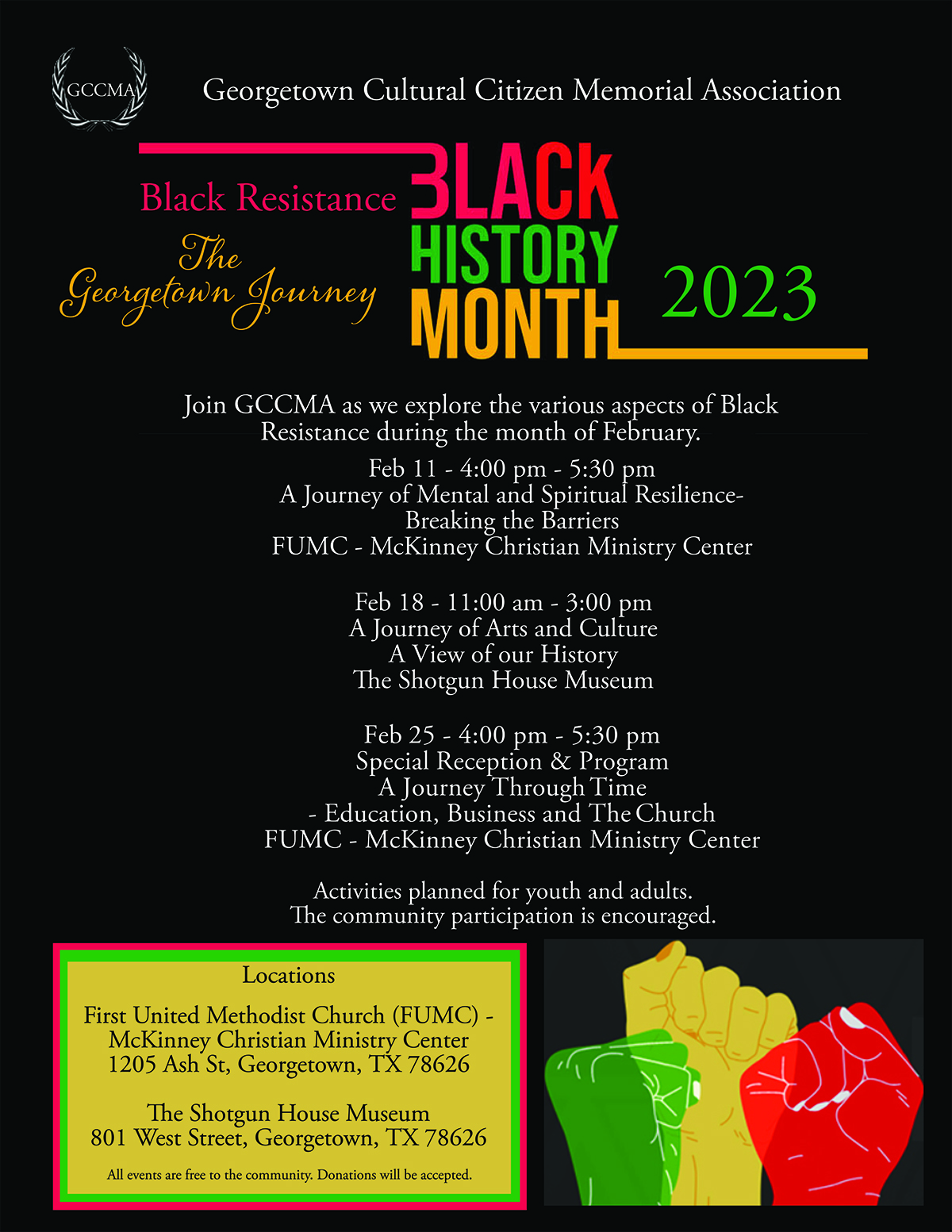 Los eventos de la Asociación Conmemorativa de Ciudadanos Culturales de Georgetown incluyen un panel de discusión el 11 de febrero, recorridos por Shotgun House el 18 de febrero y una recepción de historia negra el 25 de febrero