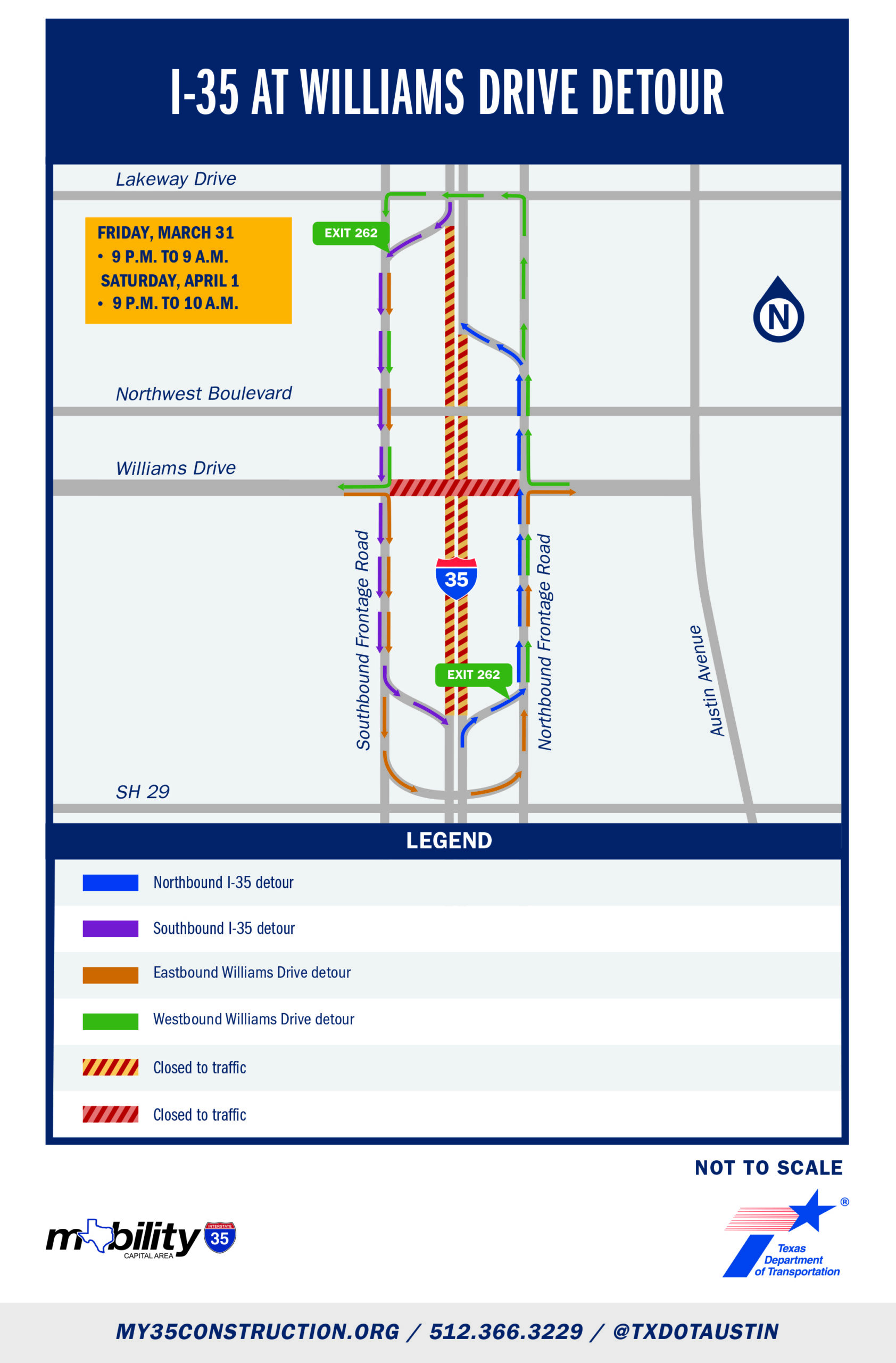 I-35 at Williams Drive detour map for I-35 mainlanes and for Williams Drive bridge. 