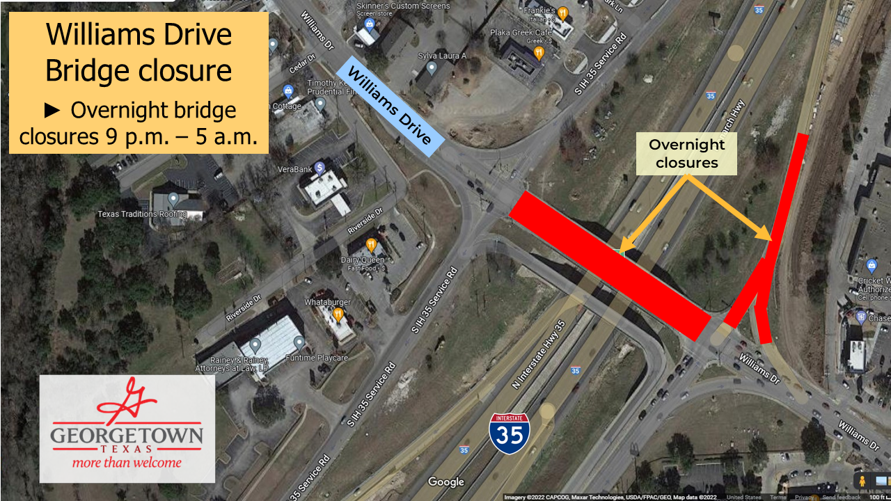 Map showing closure on Williams Drive and northbound I-35 frontage road at Williams Drive