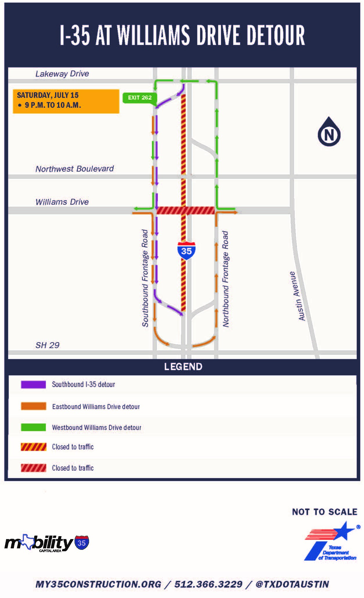 Mapa de cierre de carriles de la I-35 y Williams Drive