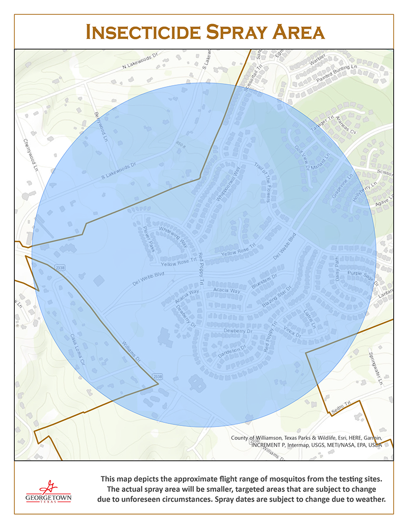 mapa que muestra el área de rociado con un radio de media milla en el área de Sun City